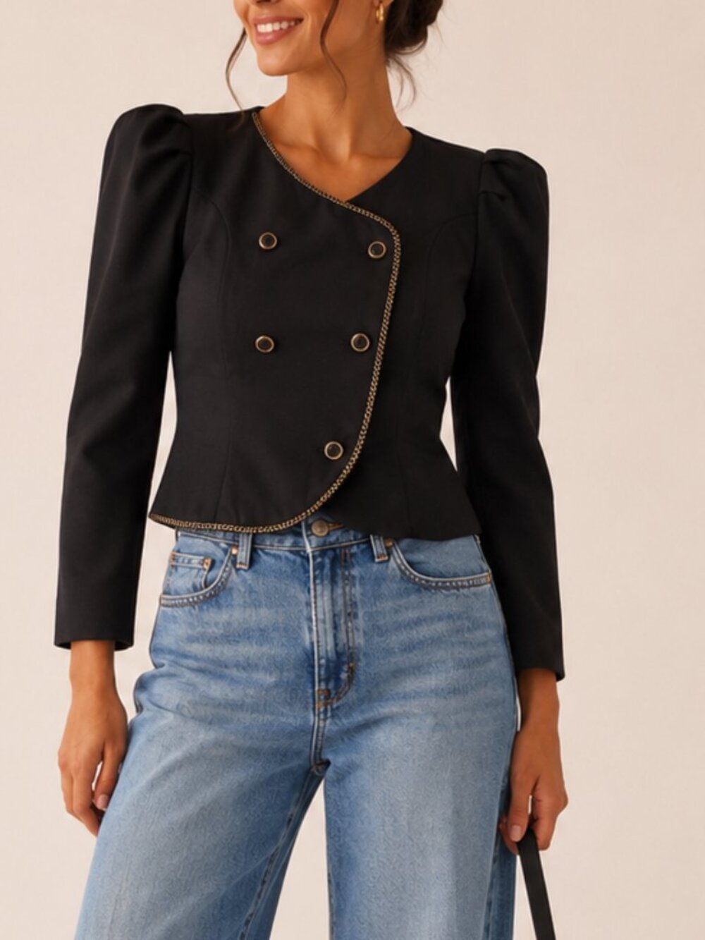 Vintage Special Focus Black Puff Shoulder Blazer Gold Trim Size 9/10
